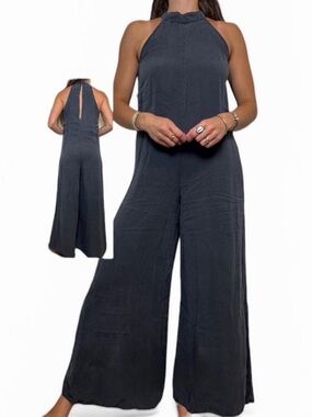 bella dahl grey boho wide leg high neck sleeveless halter open back jumpsuit S